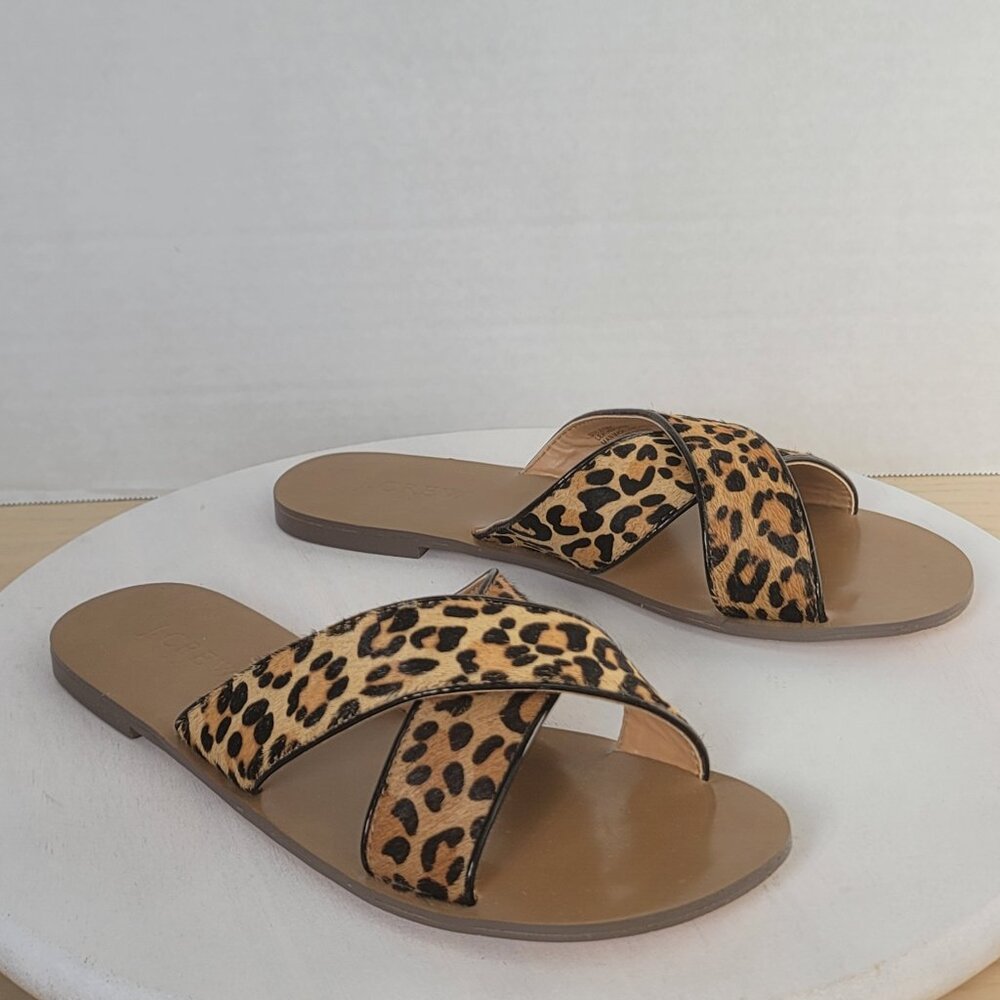 J. Crew Factory Leather Calf Hair Leopard Animal Print Flat Slip-On Sandals Sz 7